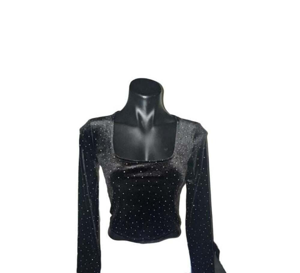 Haley & June Black Velvet Long Sleeve Square Neck Studded Embellished Top